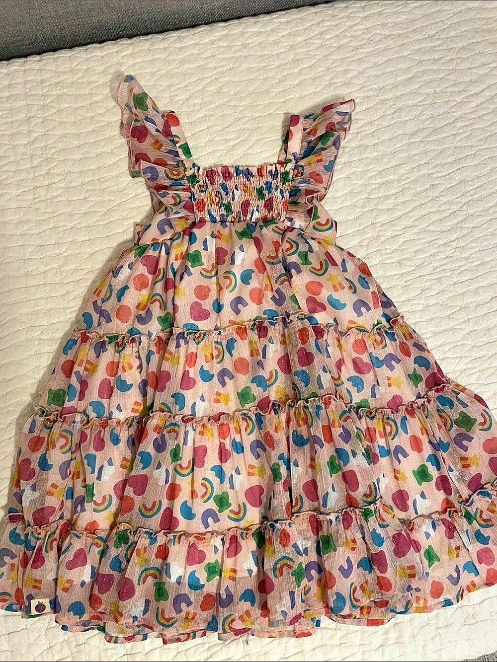 cheeky plum clothing Kids Tiered marshmallow cereal Dress in Pink & Multicolor L